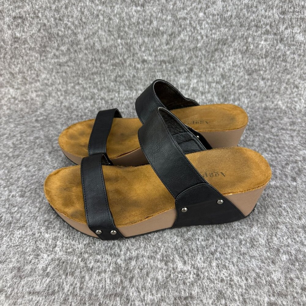 ✅Womens 8.5 AGAPE COLLECTION Platform Sandals Black Wedge Studded Faux Leather - Picture 5 of 11